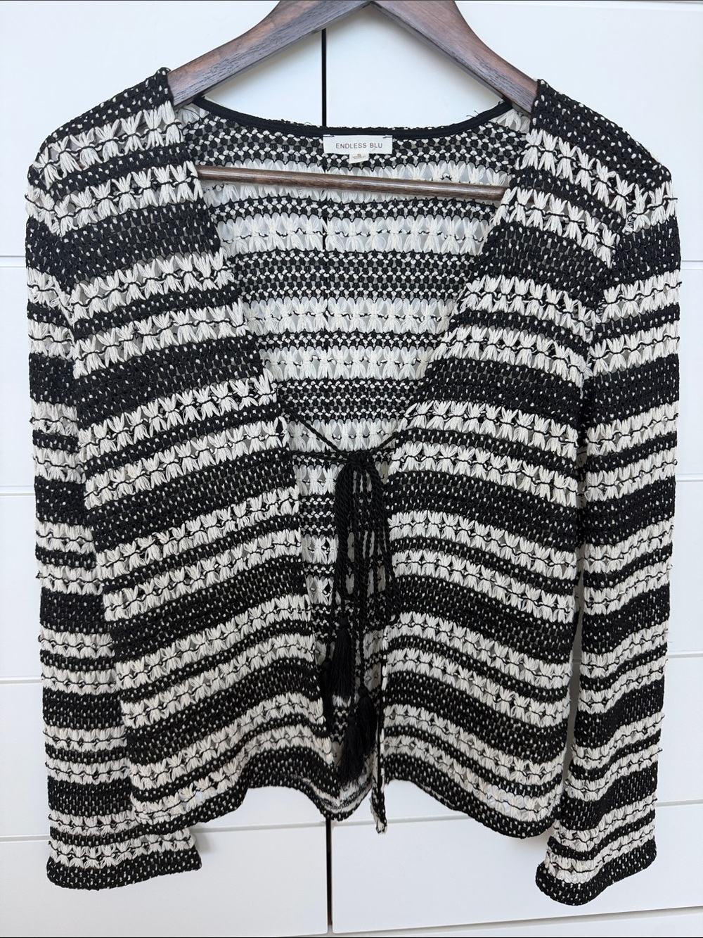 Endless Blu Black & Cream Tie-Front Open Knit Cardigan